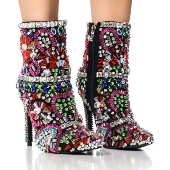 AZALEA WANG Shoes - •Holly• Multicolor Crystal Embellished Rhinestone Stiletto Bootie